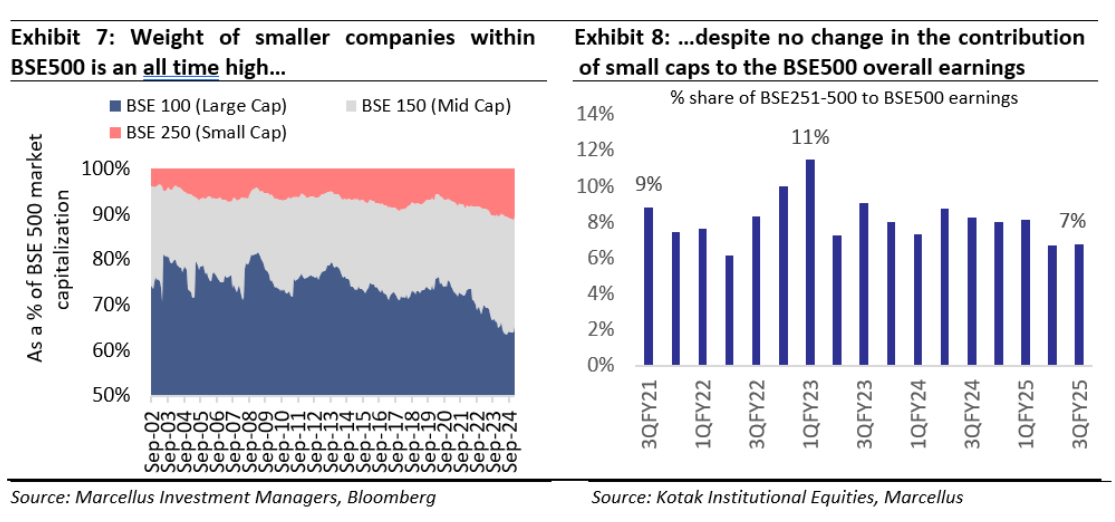 Weight of smaller companies within BSE500 is at an all time high despite no change in contribution of small caps to the BSE500 overall earnings