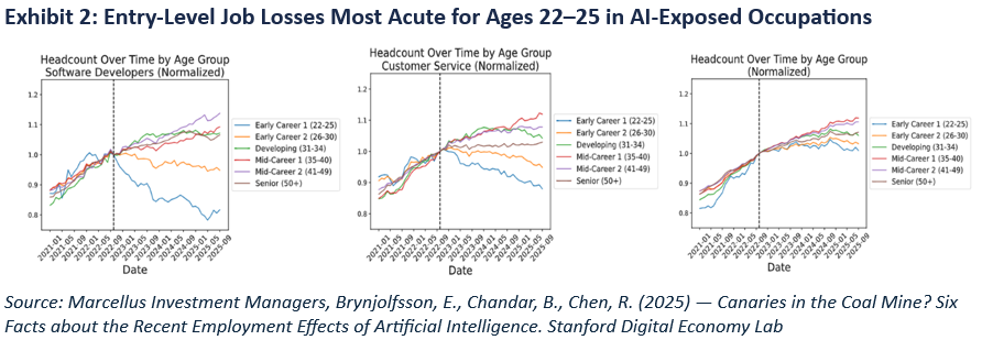 Entry level Job Losses Most Acute for Ages 22-25 in AI-exposed Occuptations