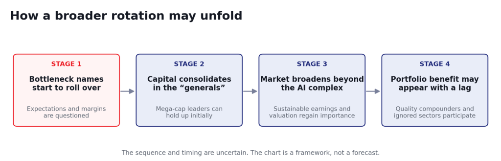 Exhibit 12, four-stage rotation diagram – A broader market rotation may unfold in four stages, from bottleneck names rolling over to lagging sectors participating